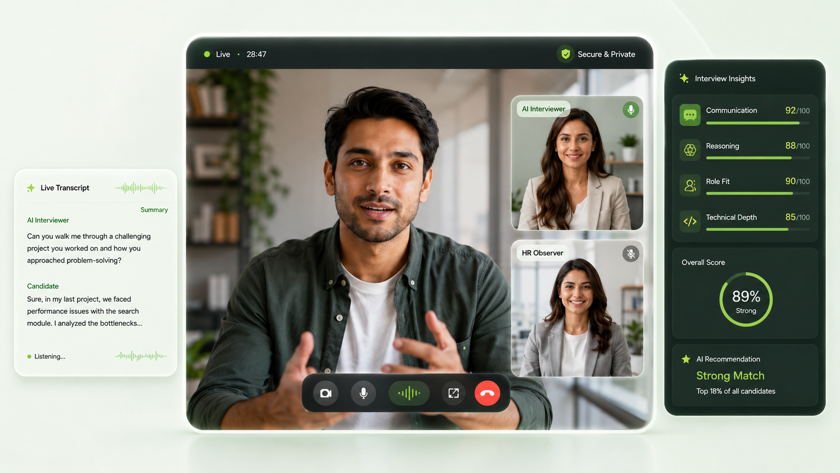 iPuls AI interview dashboard showing live interview prompts, response evidence, and reviewer feedback