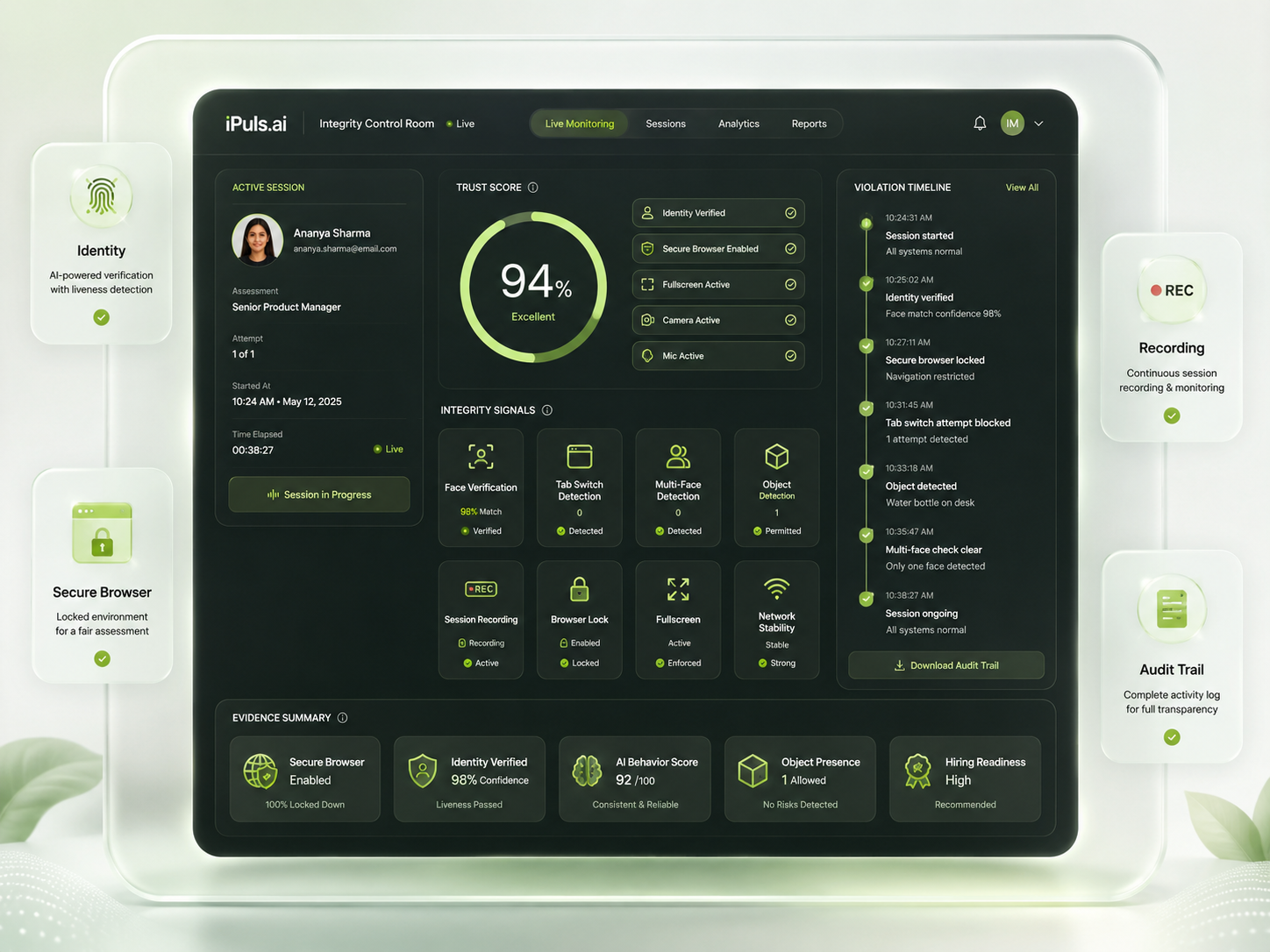 iPuls secure assessment delivery dashboard with session checks, secure browser status, and integrity monitoring